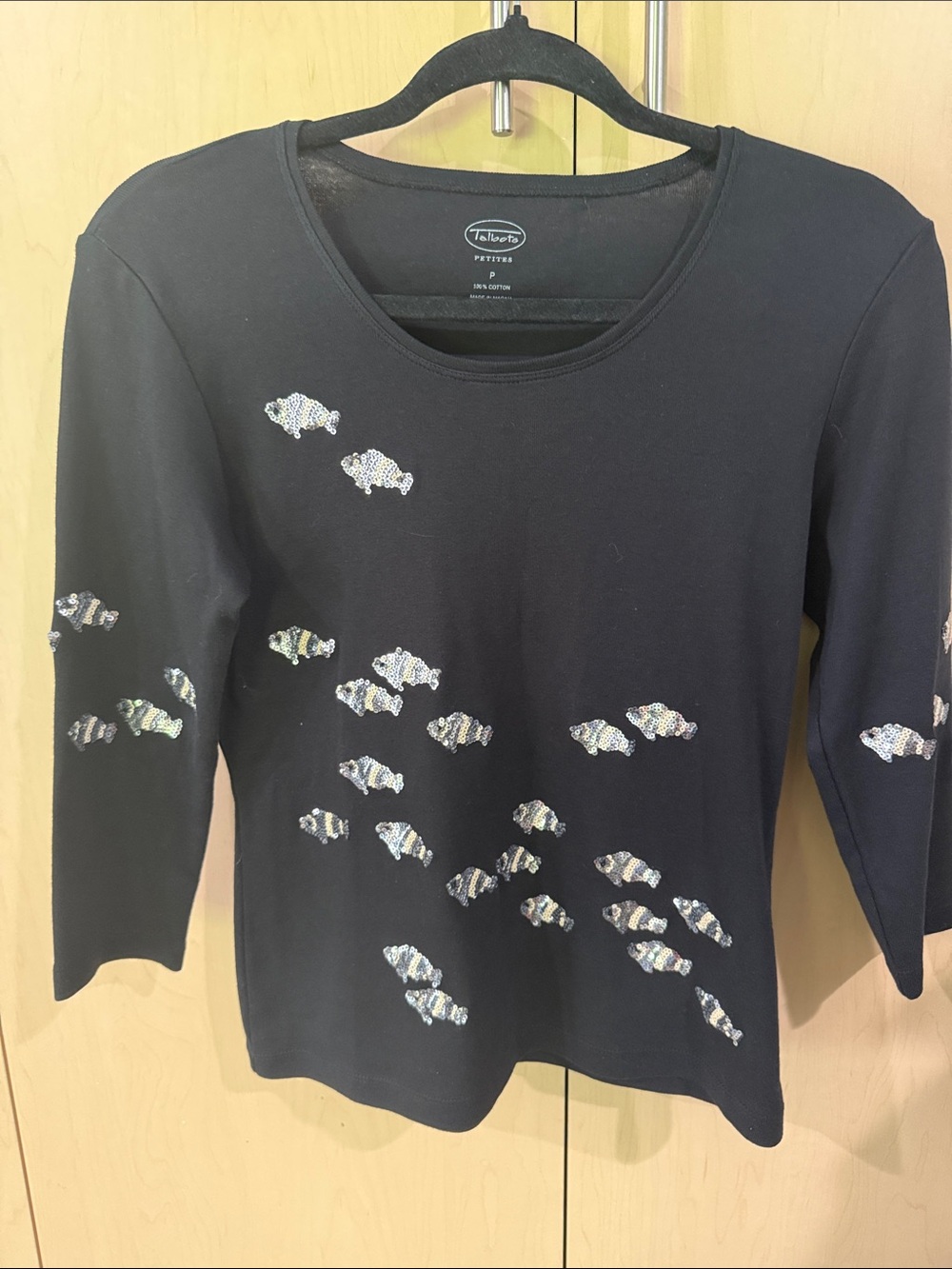Sparkle fish Talbots Black Long-Sleeve Tee with Sequin Fish Motif